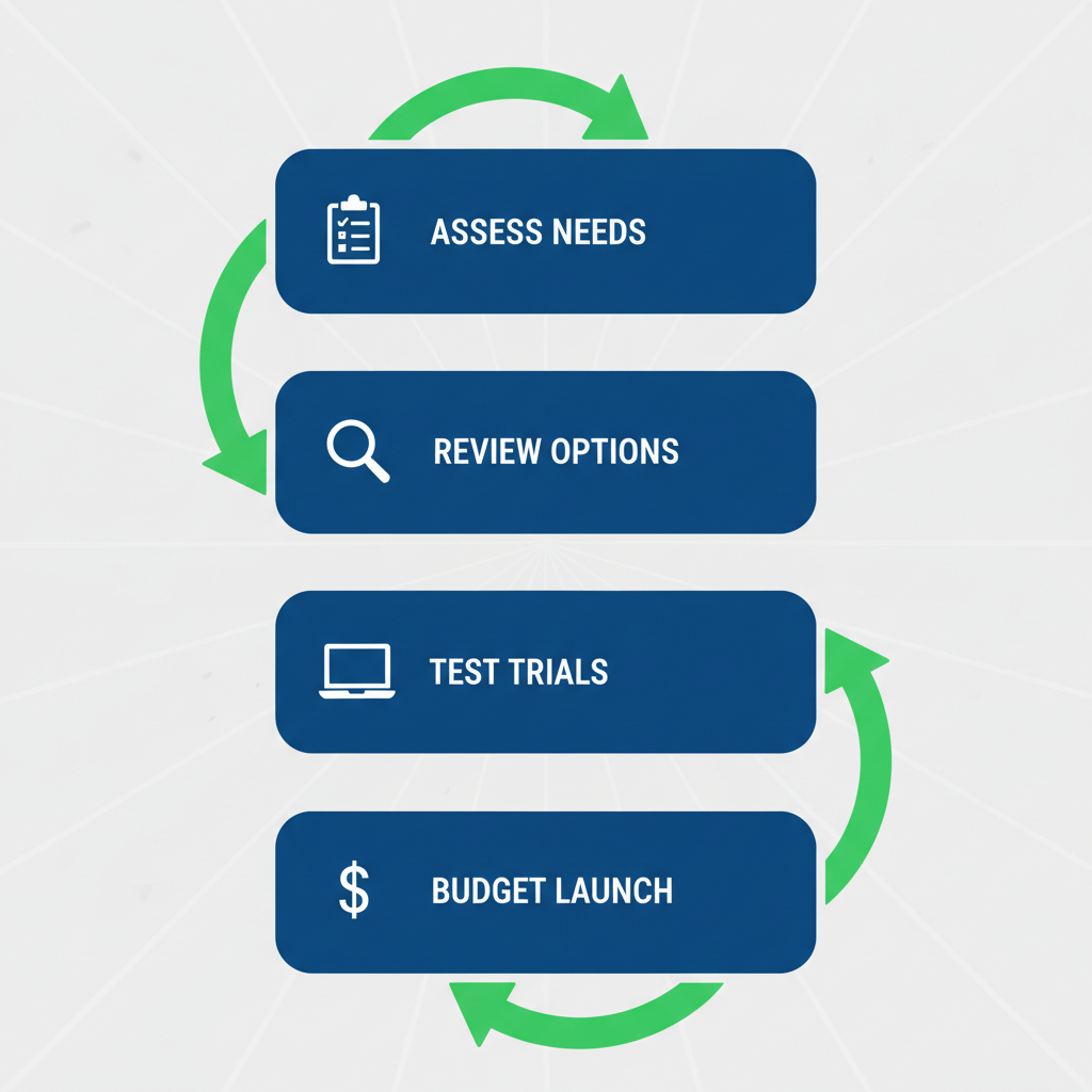 Vertical process flow diagram illustrating four steps to choose a website tool for roofing businesses, featuring icons and minimal labels.