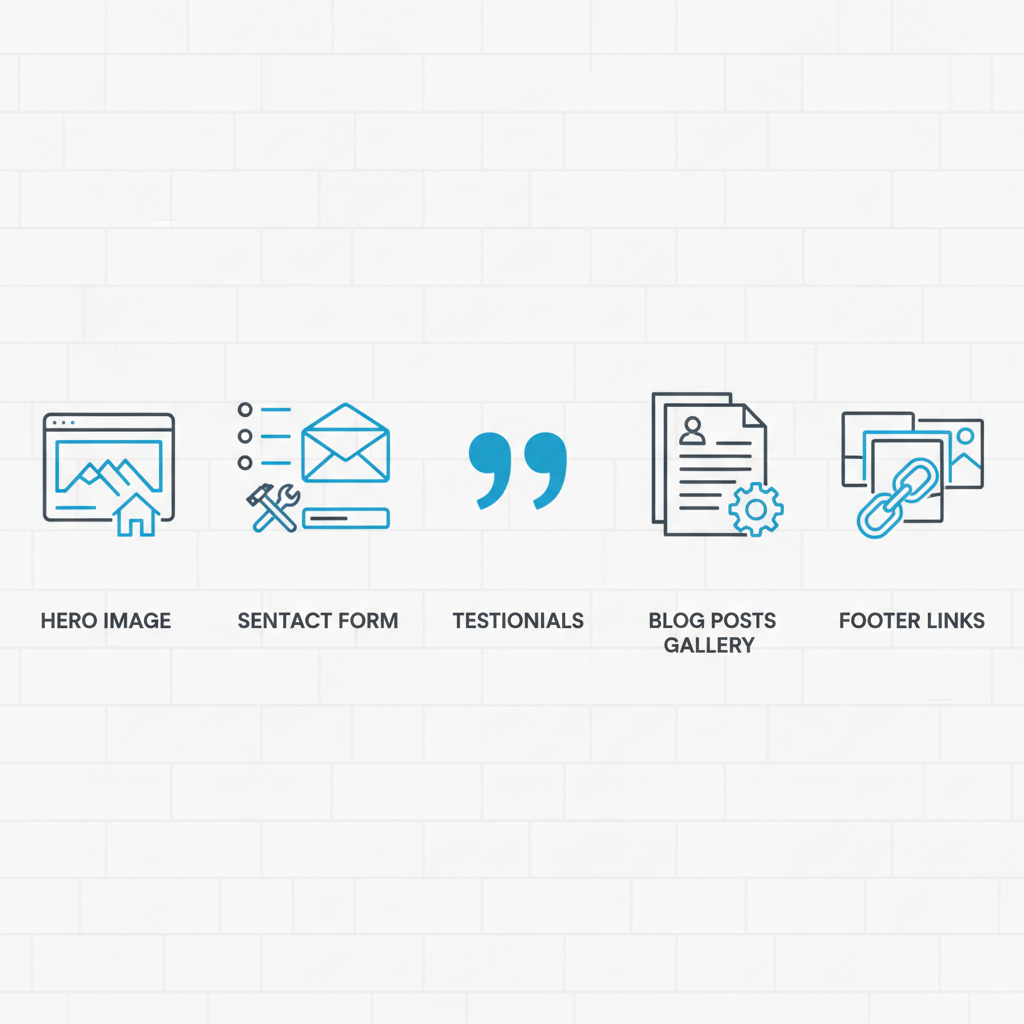 Grid of icons showing essential website elements for roofing: hero, services, contact, testimonials, blog, gallery, footer.