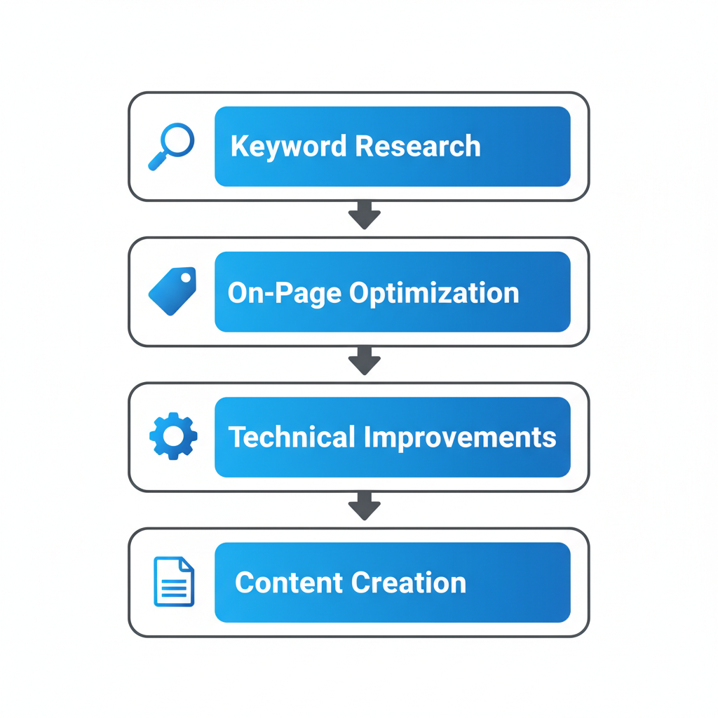Vertical process flow diagram showing four steps for SEO enhancement in roofing websites: keyword research, on-page optimization, technical improvements, and content creation.