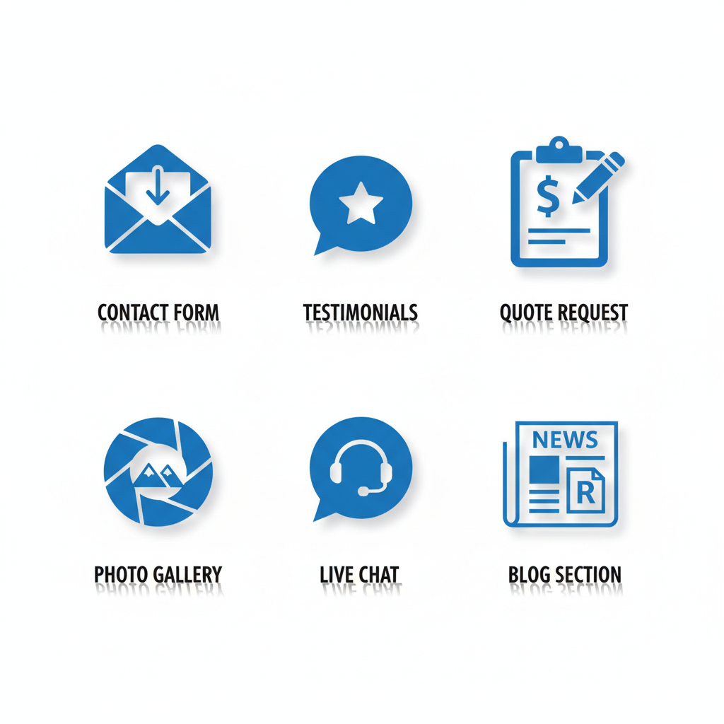 Grid of six icons representing key lead-generation features for roofing websites: contact form, testimonials, quote request, photo gallery, live chat, and blog section.