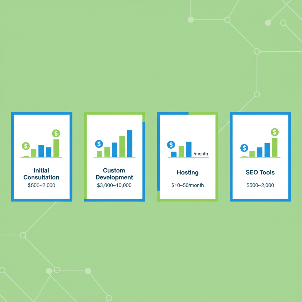 Infographic breaking down web design cost ranges for roofing companies including consultation, development, hosting, and SEO tools.
