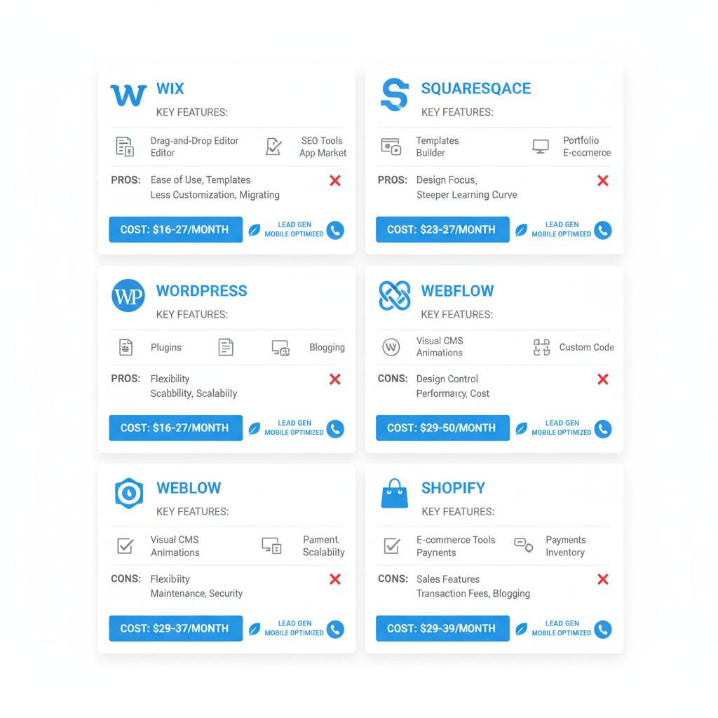 Infographic showcasing top web design tools for roofers including Wix Squarespace WordPress Webflow and Shopify with features costs and optimization highlights