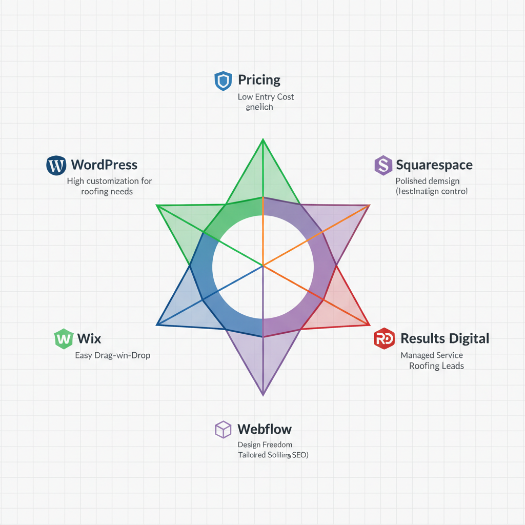 Radar chart comparing web design tools for roofers across pricing, customization, SEO, mobile responsiveness, and lead generation features