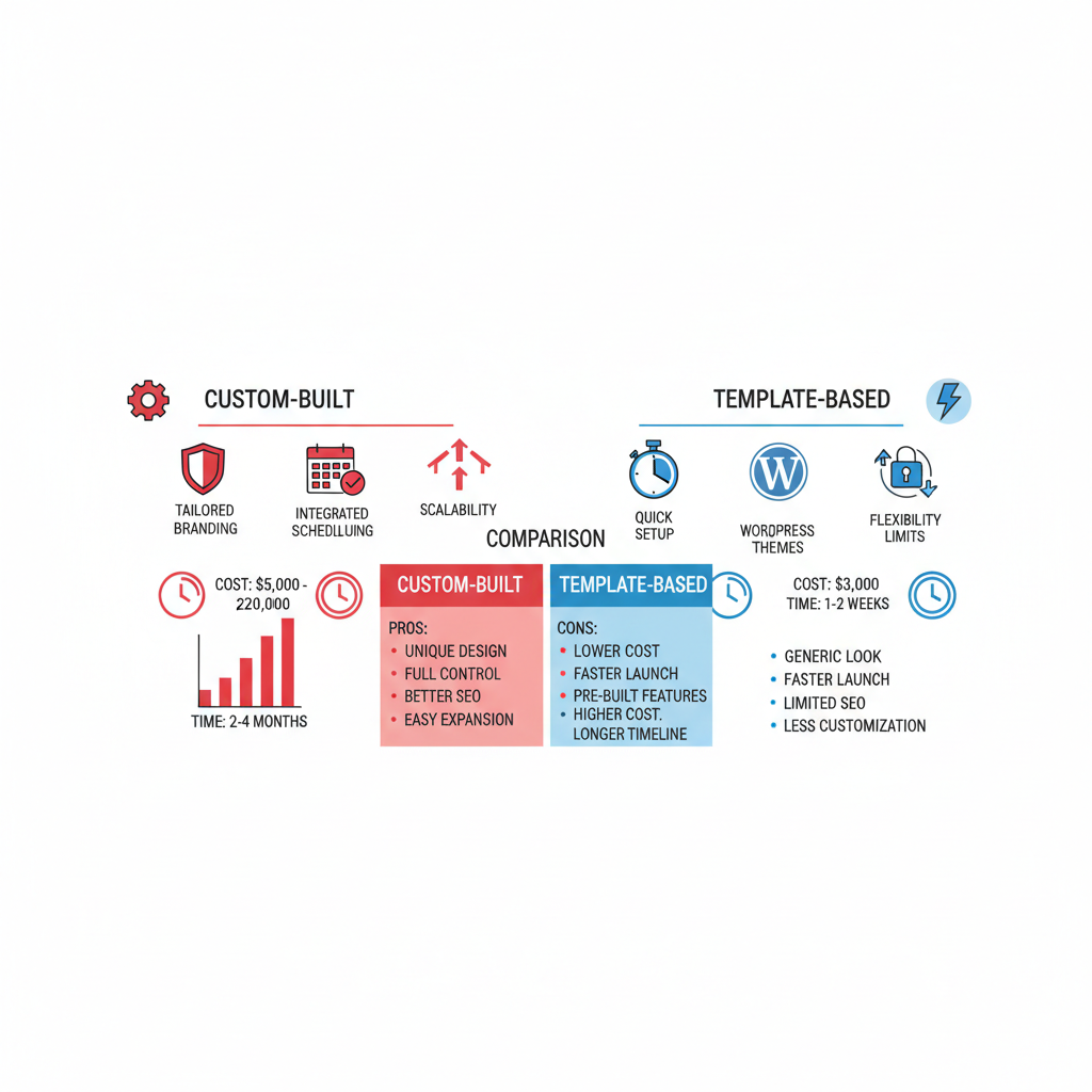 Infographic comparing custom and template website options for roofing contractors, highlighting costs, timelines, and features.