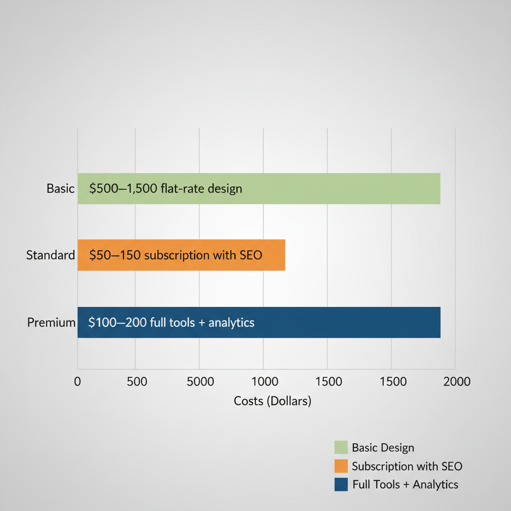 Horizontal bar chart of cost-effective pricing tiers for roofing websites: Basic in light green, Standard in orange, Premium in dark blue with cost ranges and features.