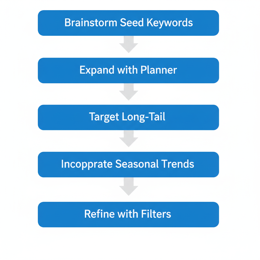 Vertical process flow diagram showing five steps in keyword research for roofing leads: brainstorming seeds, expanding with planner, targeting long-tail, seasonal trends, and refining lists.
