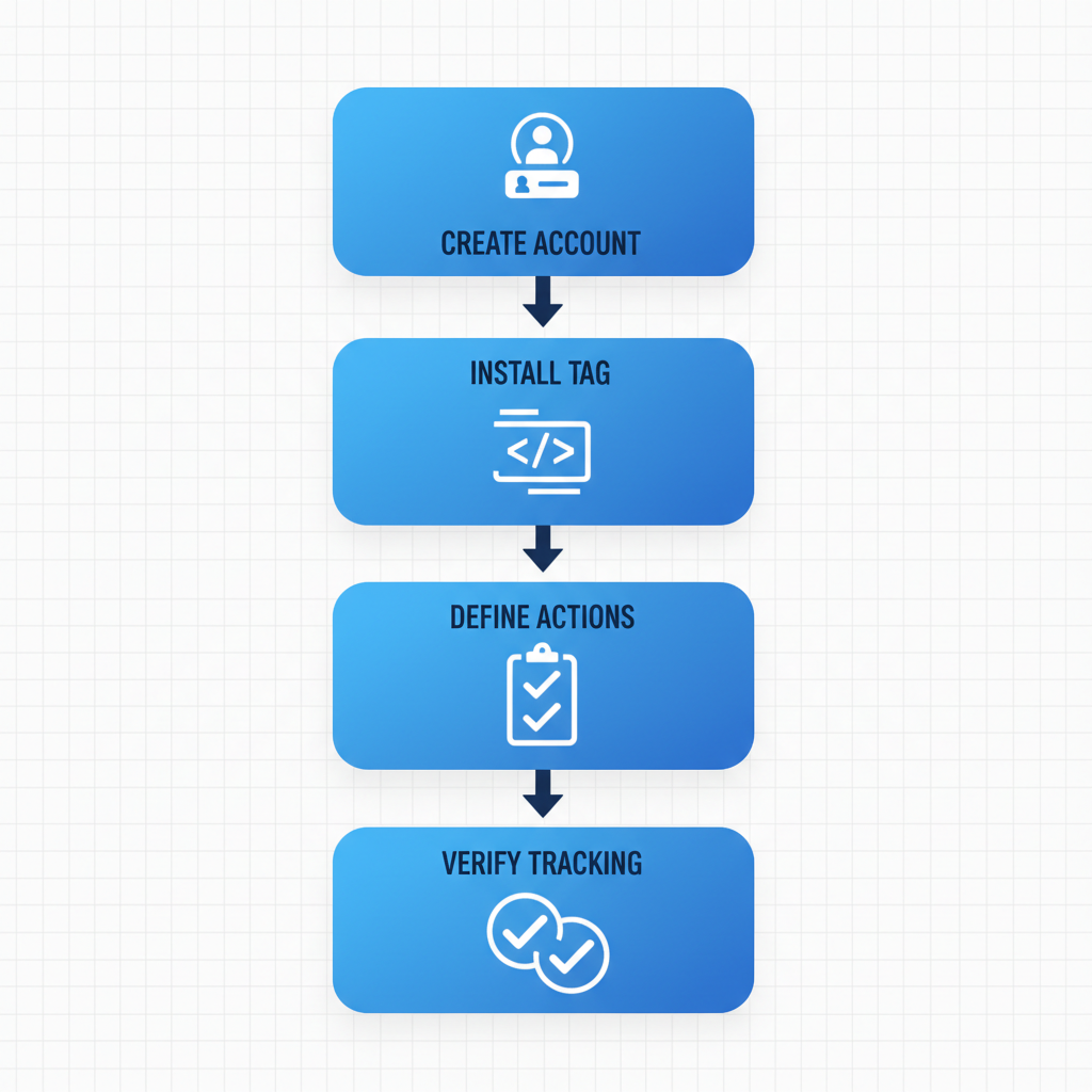 Visual process flow diagram showing four vertical stages for setting up conversion tracking in Google Ads for roofing businesses: create account, install tag, define actions, and verify tracking.