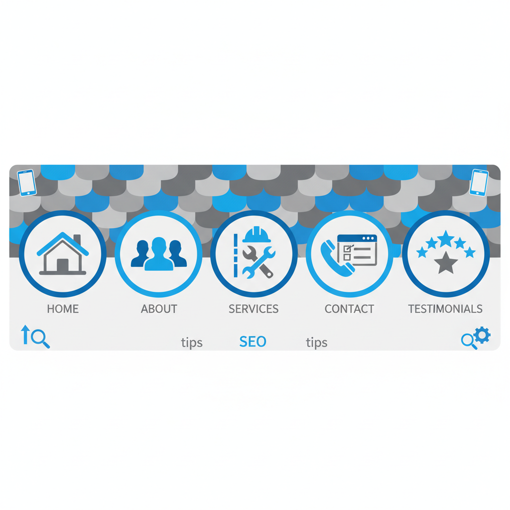Infographic illustrating five essential pages for roofer websites: home, about, services, contact, and testimonials with mobile and SEO elements.