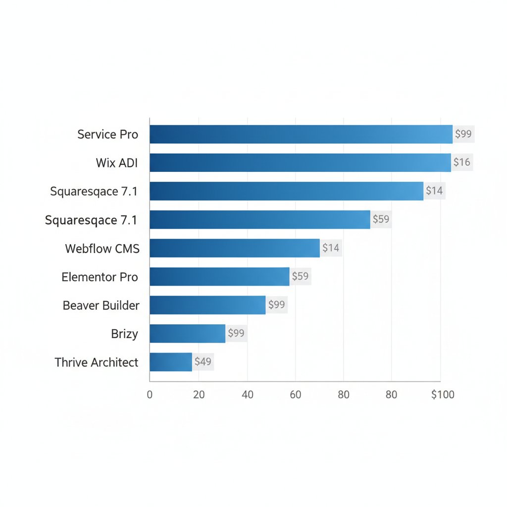 Horizontal bar chart comparing starting prices of top 10 roofer website design tools from $14 to $99.