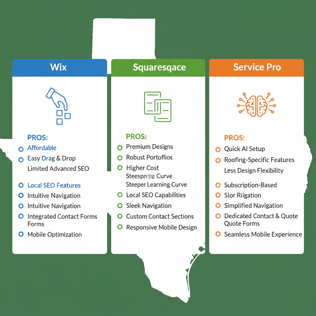 Comparison chart of roofing website builders: Wix, Squarespace, and Service Pro Website features.