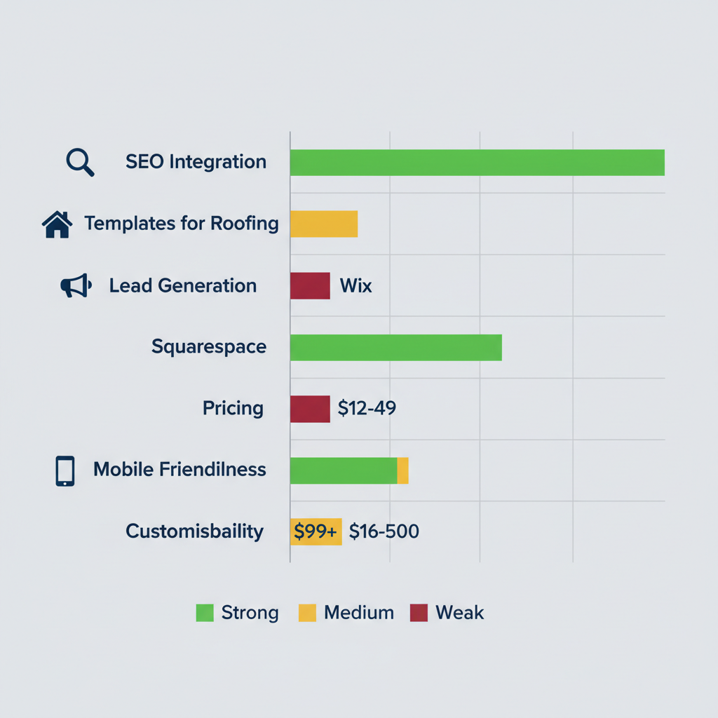 Comparison chart of website builder features for roofing companies: SEO integration, templates, lead generation, pricing, and mobile friendliness.
