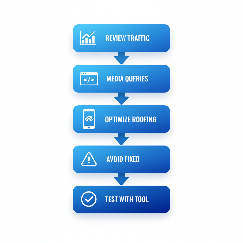 Vertical process flow diagram illustrating five key stages for prioritizing mobile responsiveness in roofing website design, featuring icons and brief labels.