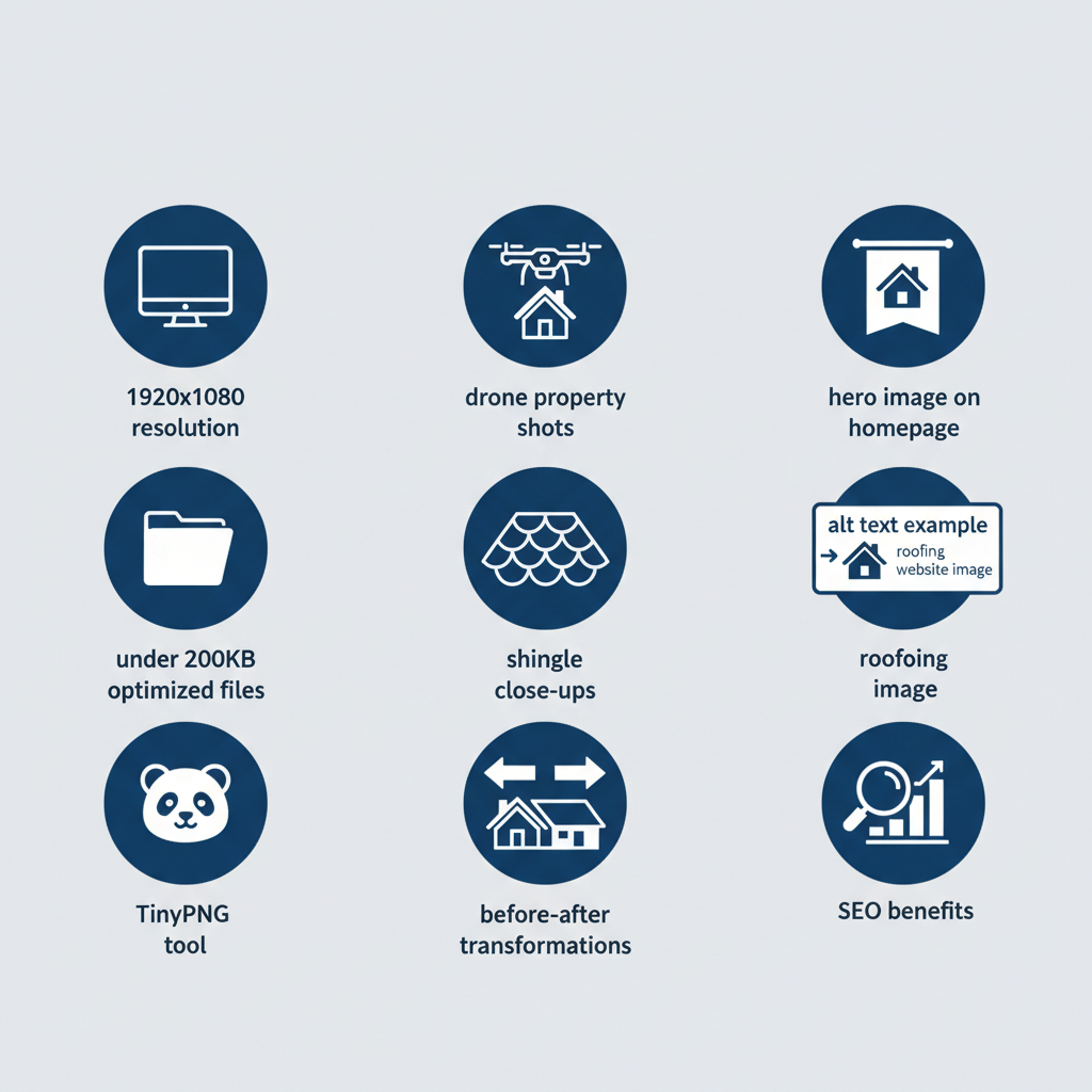 Landscape infographic illustrating technical specs, visual types, and integration of high-quality images for roofing websites.