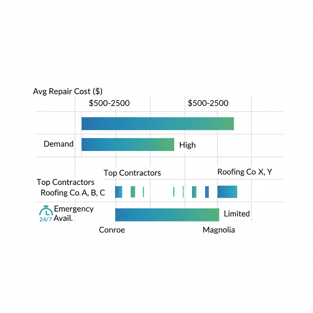Horizontal bar chart showing roofing service demand comparison between Conroe and Magnolia in Montgomery, Texas, with metrics on costs, demand, contractors, and availability.