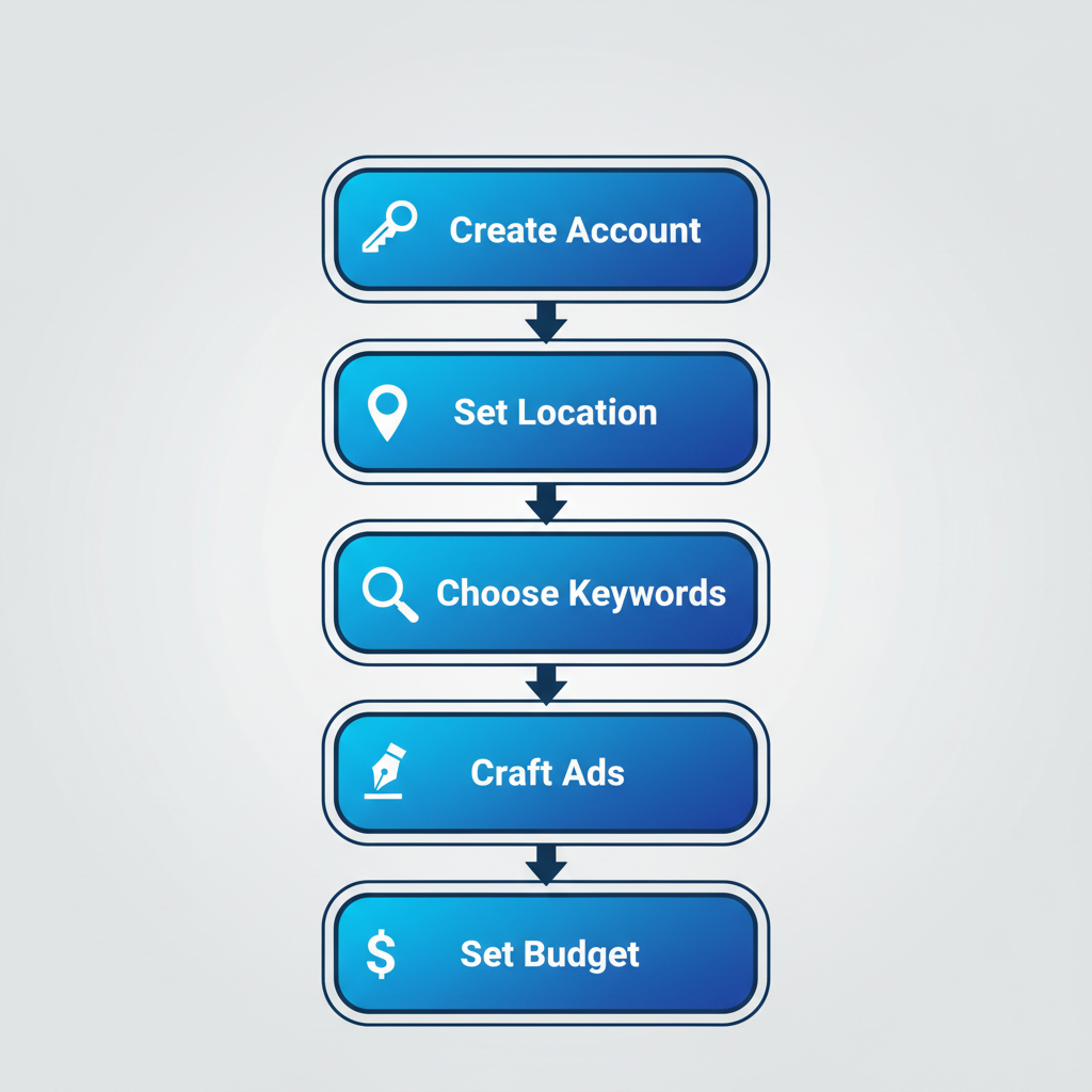 Vertical flowchart showing steps to set up Google Ads for roofing services in Montgomery, Texas, featuring icons and brief stage labels.