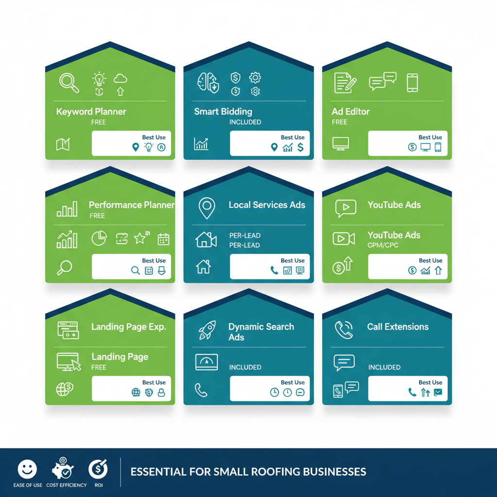 Infographic comparing nine Google Ads tools for roofing lead generation, featuring icons, features, pricing, and best uses in a grid layout.