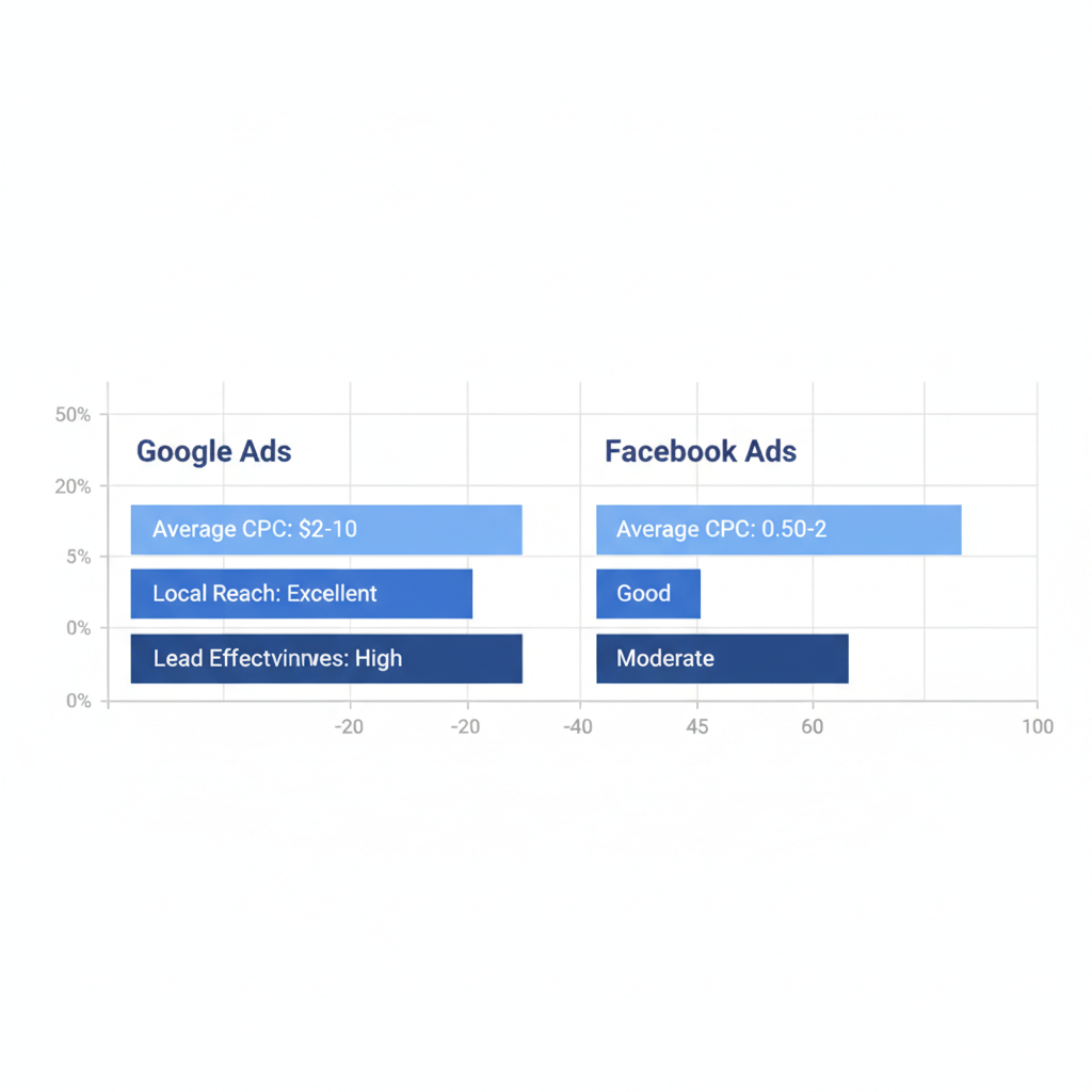 Horizontal bar chart comparing Google Ads and Facebook Ads metrics for roofing companies in Montgomery, Texas, including cost per click, local reach, and lead effectiveness.