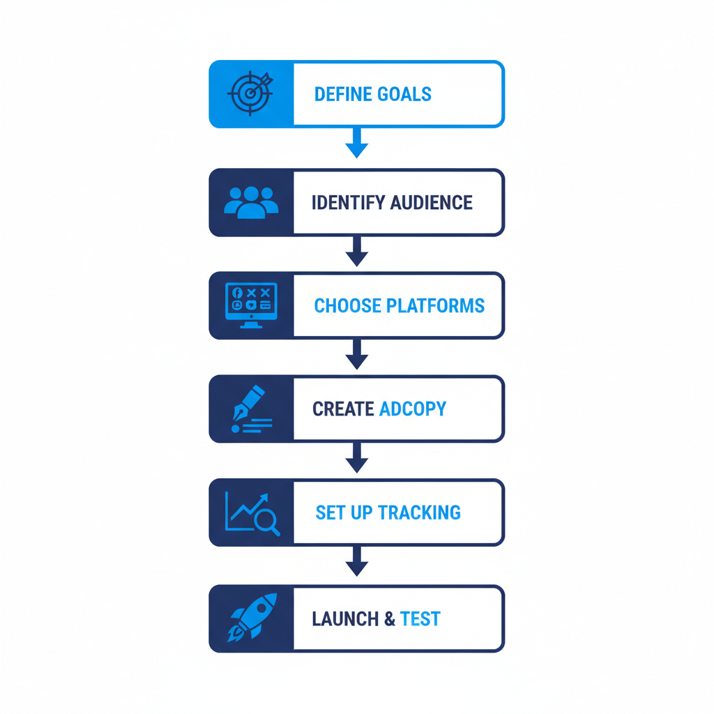 Vertical process flow diagram depicting six steps to launch a roofing ad campaign, featuring icons and brief labels for each stage.
