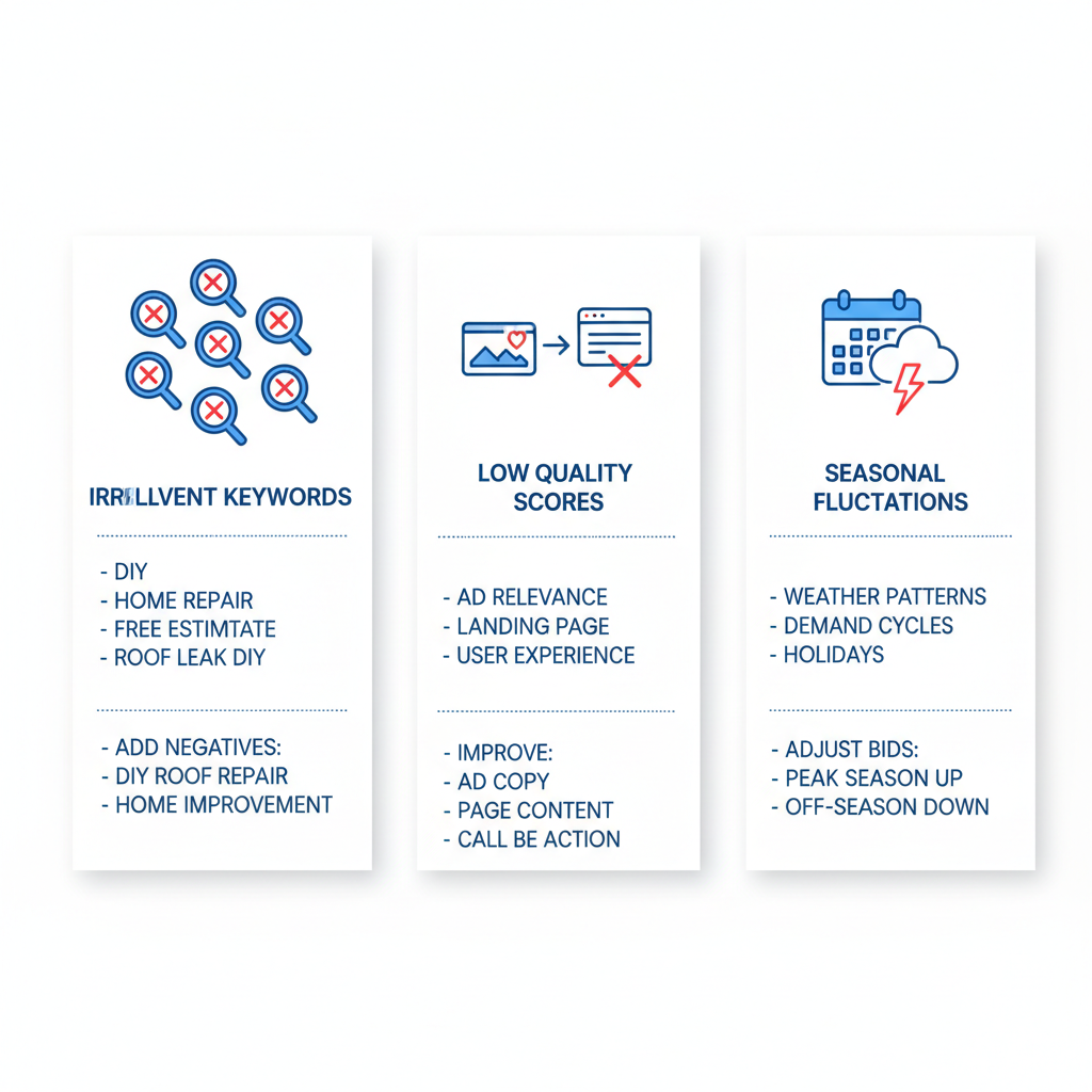 Landscape infographic illustrating three common PPC issues for roofers: irrelevant keywords, low quality scores, and seasonal fluctuations, with icons and brief tips.