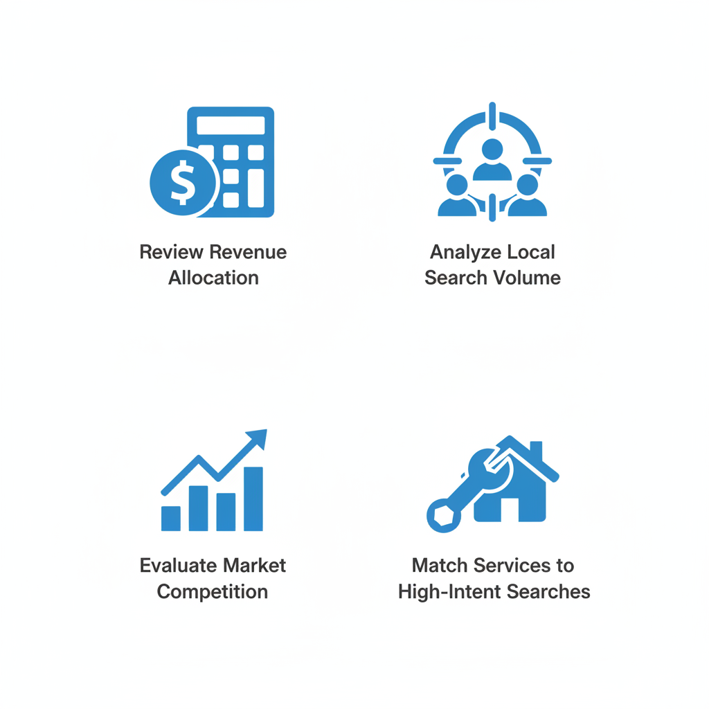 2x2 grid of flat blue icons for roofing PPC assessment: budget review, local search analysis, market competition evaluation, and service alignment matching.