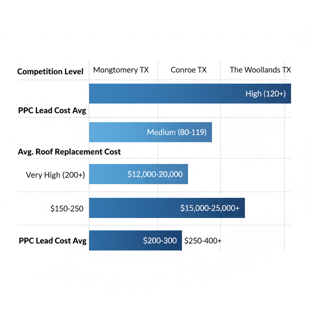 Horizontal bar chart comparing roofing market metrics in Montgomery, Conroe, and The Woodlands, Texas areas