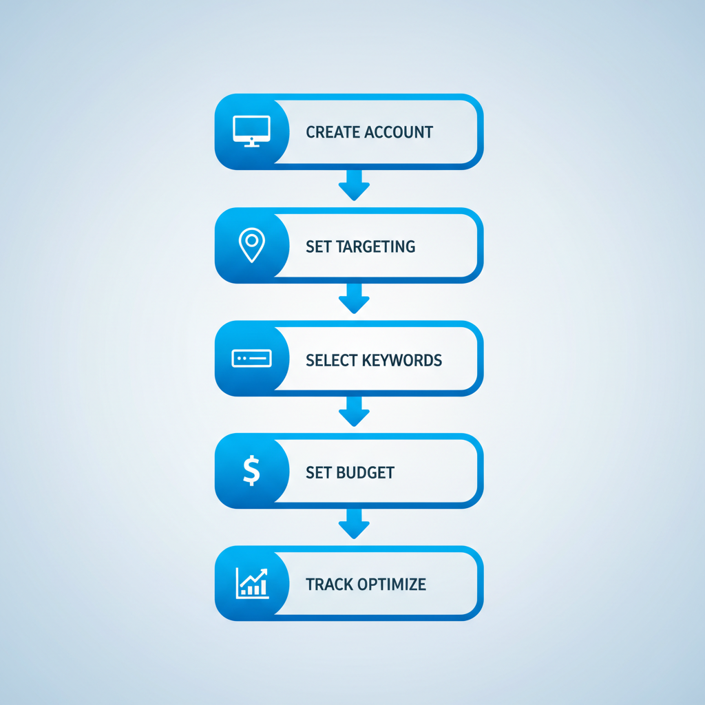 Vertical process flow diagram illustrating steps to start a roofing PPC campaign in Montgomery