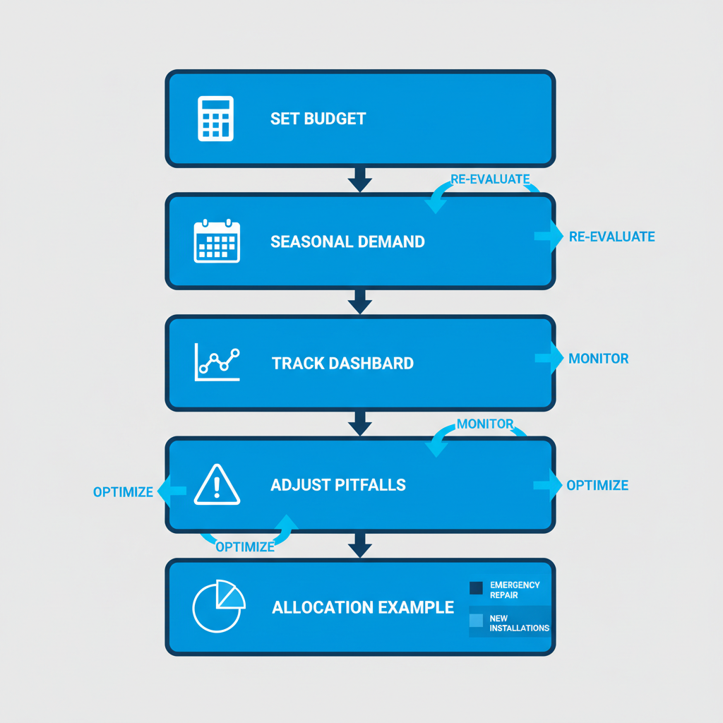 Process flow diagram showing five steps for cost-effective PPC budgeting in roofing marketing, including budget setting, seasonal factors, tracking, adjustments, and allocation.