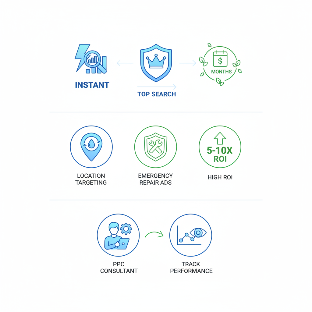 Infographic depicting PPC's rapid visibility advantages over SEO for roofing marketing, with benefits and consultant hiring icons