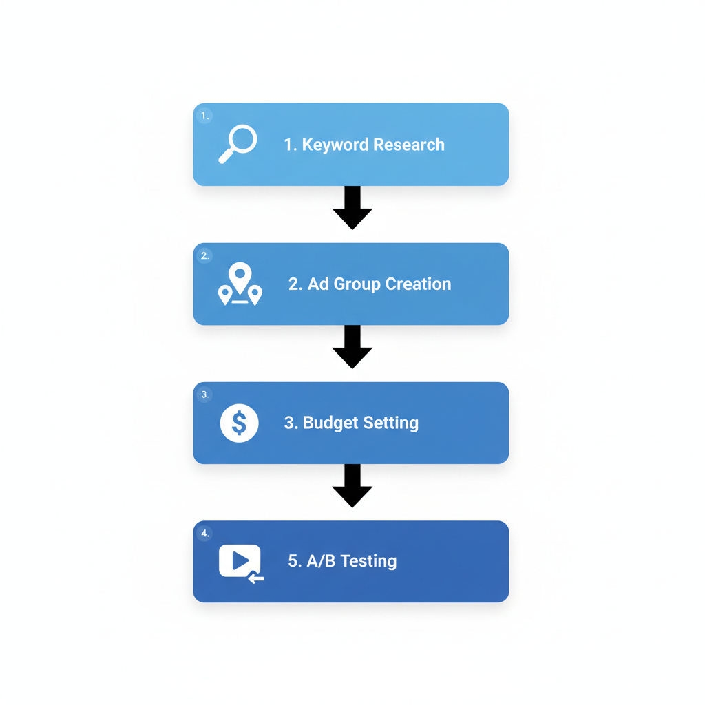 Vertical process flow diagram illustrating five key steps for setting up a roofing PPC campaign, from keyword research to A/B testing.