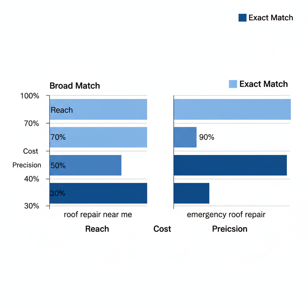 Bar chart comparing broad and exact match keywords in roofing PPC, showing reach, cost, and precision differences.