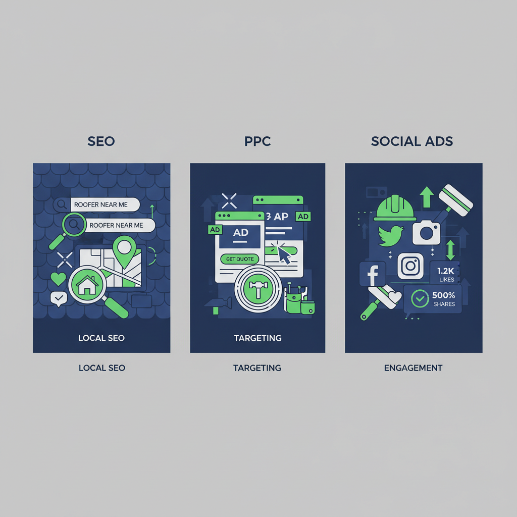 Infographic illustrating SEO, PPC, and social media advertising components for roofing marketing with icons and visual benefits.