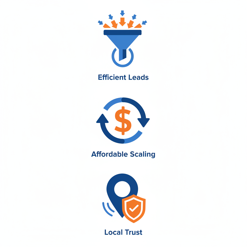 Three icons illustrating key benefits: efficient leads via funnel, affordable scaling with dollar sign, and local trust with map pin.