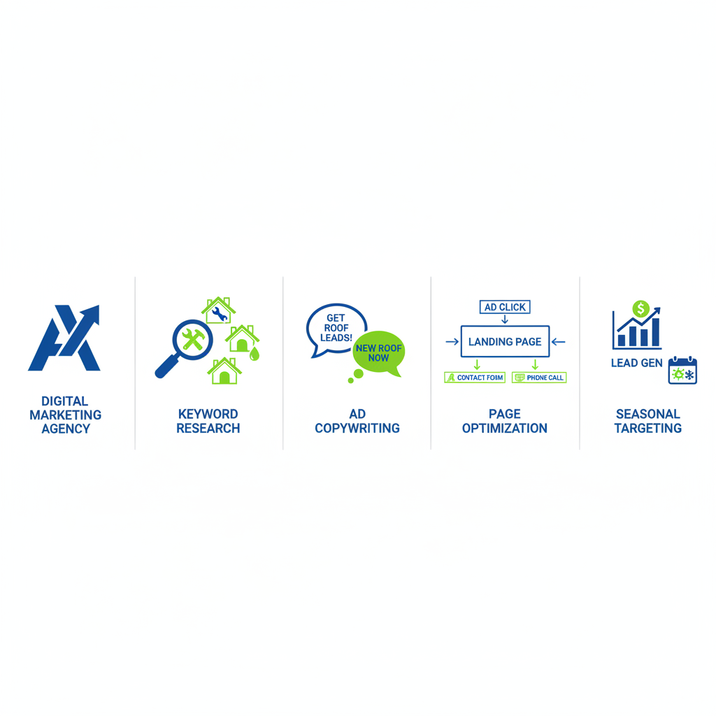 Infographic overview of roofing PPC companies, showing definition, key services like keyword research and ad optimization, and benefits such as lead generation.