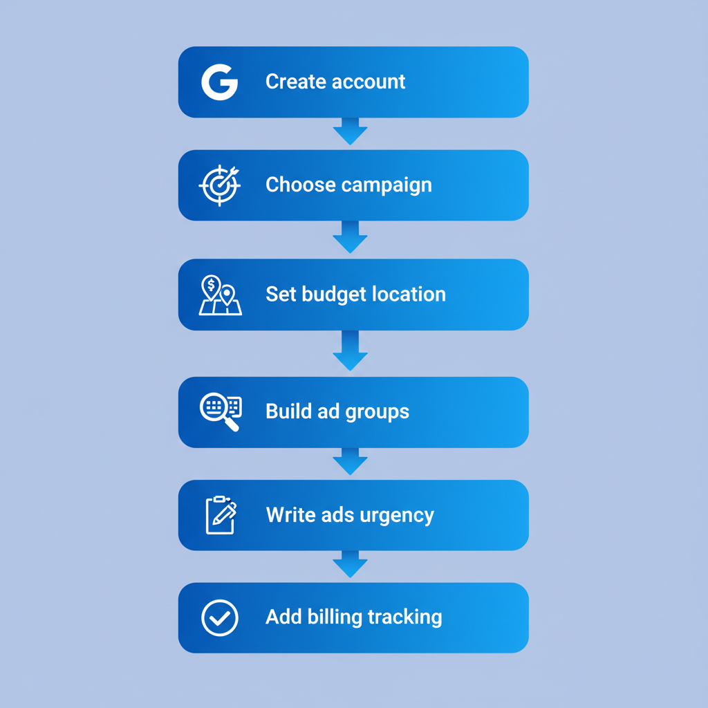Vertical flowchart showing six steps to set up Google Ads for roofing companies with icons and labels
