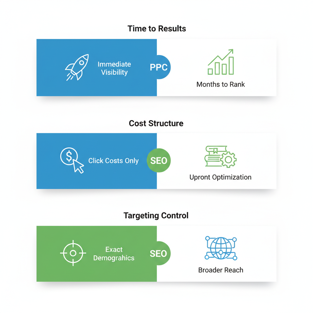 Infographic comparing PPC and SEO for roofing contractors, highlighting time to results, cost structure, and targeting control.
