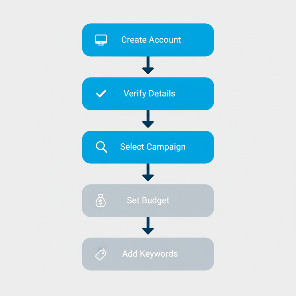 Vertical process flow diagram illustrating five steps for setting up a Google Ads campaign for roofers