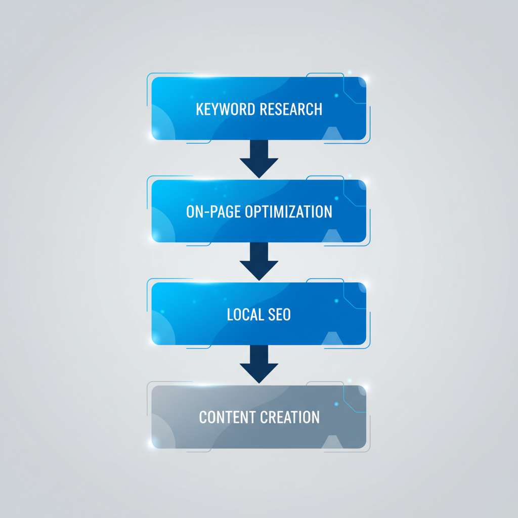 Vertical process flow diagram illustrating four key steps: keyword research, on-page optimization, local SEO, and content creation for roofing SEO.