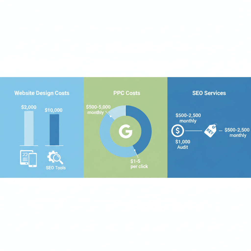 Infographic showing cost breakdowns for website design, PPC, and SEO in roofing digital marketing.