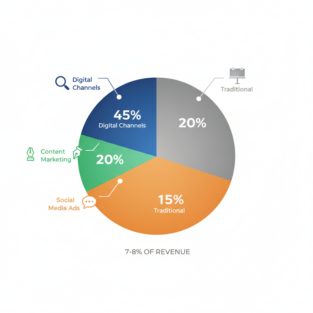 Infographic of pie chart showing marketing budget breakdown for roofing firms: 45% digital in blue, 20% content in green, 15% social in orange, 20% traditional in gray, with category icons and revenue percentage note.
