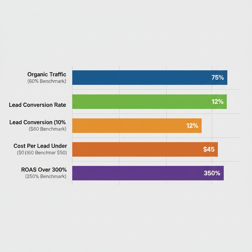 Horizontal bar chart showing key performance indicators for roofing marketing, including organic traffic, lead conversion rate, cost per lead, and ROAS with benchmark values.