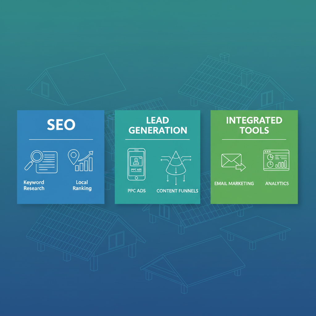 Infographic outlining SEO optimization, lead generation strategies, and integrated tools for roofing marketing services