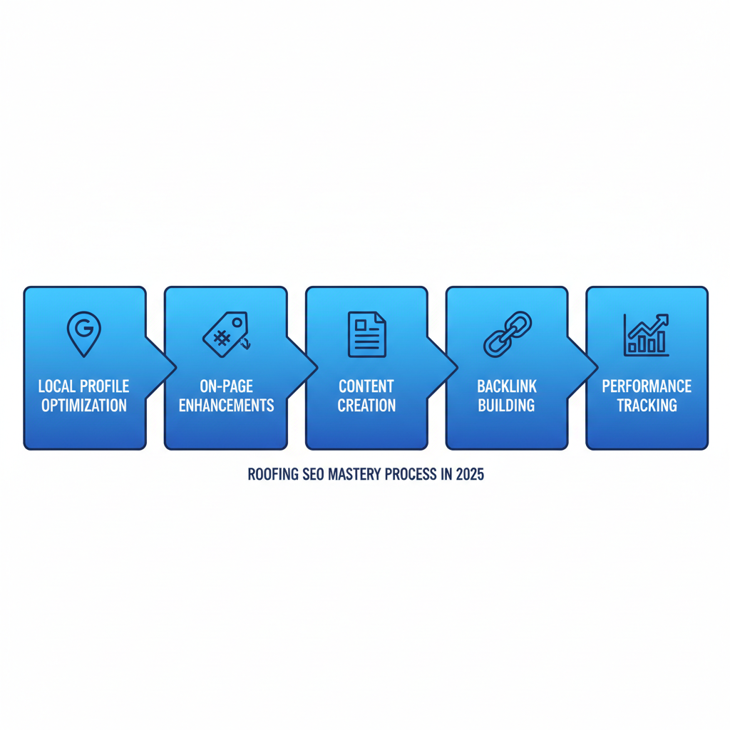 Horizontal process flow diagram showing five key steps for roofing SEO: local profile optimization, on-page enhancements, content creation, backlink building, and performance tracking.