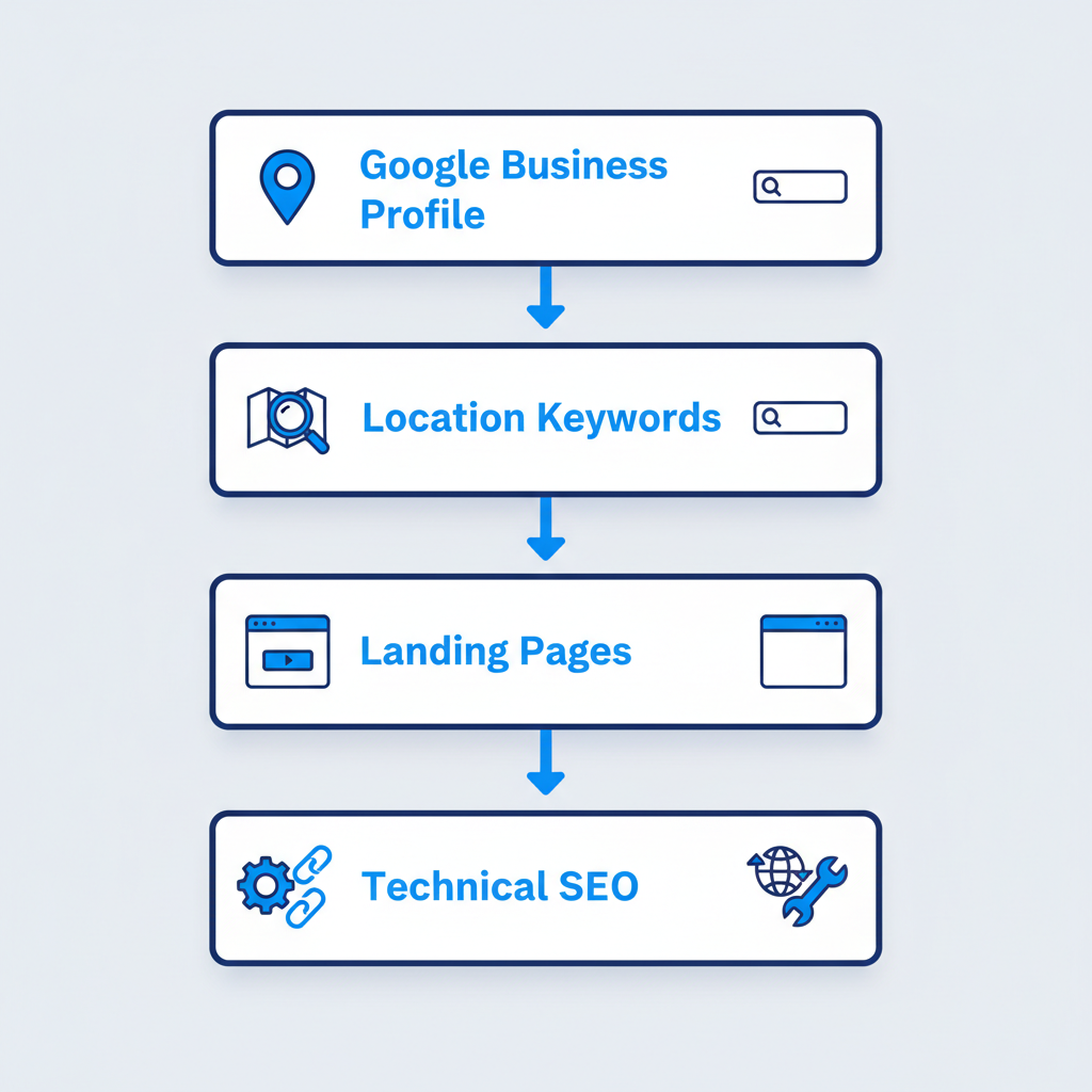 Vertical process flow illustrating five key steps for local SEO optimization in roofing marketing