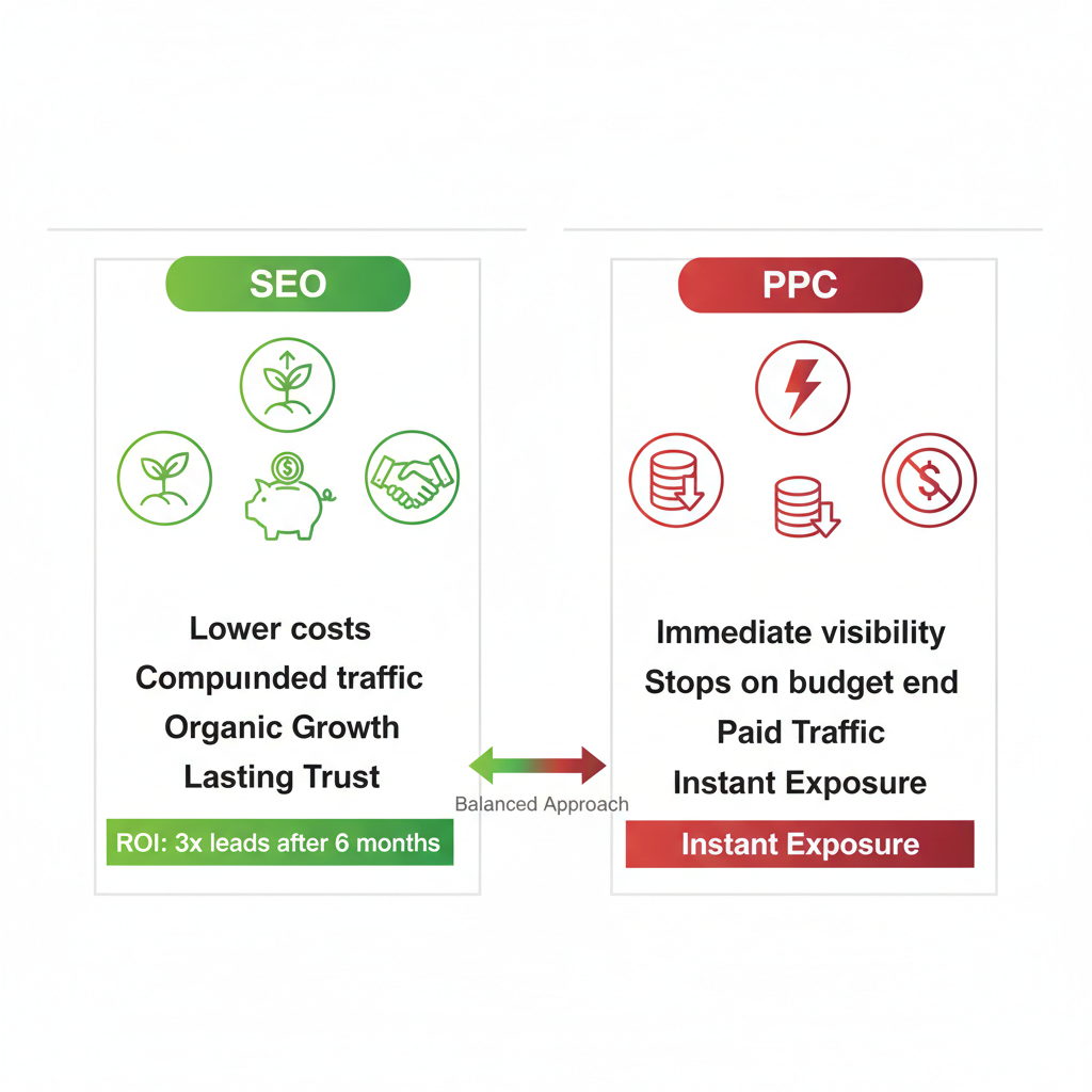 Infographic comparing SEO and PPC for roofing marketing, showing benefits and drawbacks side by side with icons and metrics.