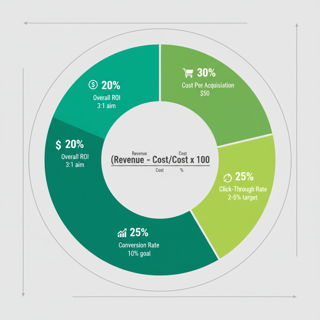 Pie chart illustrating ROI metrics for roofing PPC campaigns, slices for CPA 30%, CTR 25%, Conversion Rate 25%, and Overall ROI 20%, with central ROI formula.