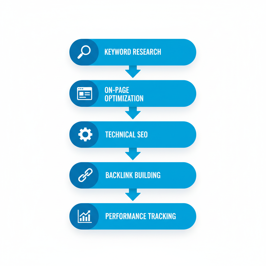 Vertical process flow diagram illustrating five key stages of SEO for roofing leads