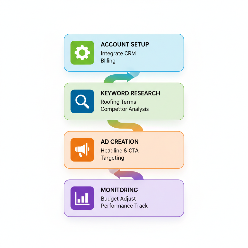 Visual process flow diagram illustrating four stages of Google Ads mastery for roofing contractors: account setup, keyword research, ad creation, and monitoring.