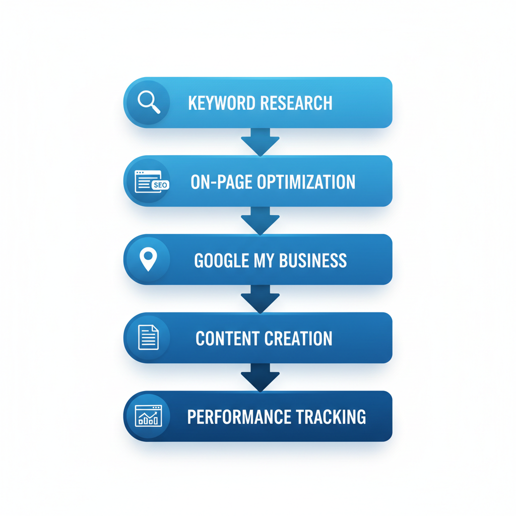 Vertical process flow diagram showing five steps for SEO in roofing lead generation: keyword research, on-page optimization, Google My Business setup, content creation, and performance tracking.