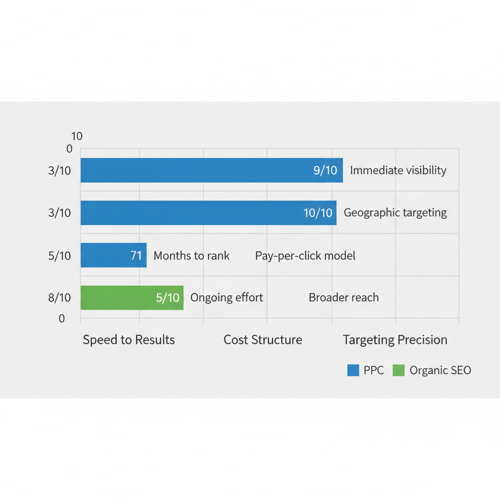 PPC versus organic SEO comparison chart illustrating speed to results, cost structure, and geographic targeting for roofing companies.