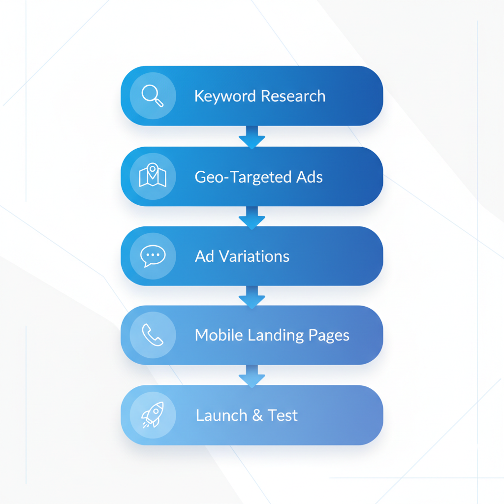 PPC campaign steps for roofing businesses: keyword research, geo-targeted ads, ad variations, mobile landing pages, and launch testing.